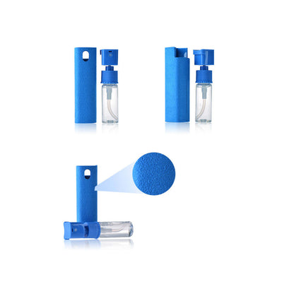 Blue screen-cleaning spray dispenser with microfiber wipe and storage case