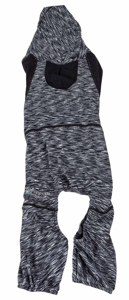 Full-body dog hoodie in heather gray with front pocket and leg cutouts