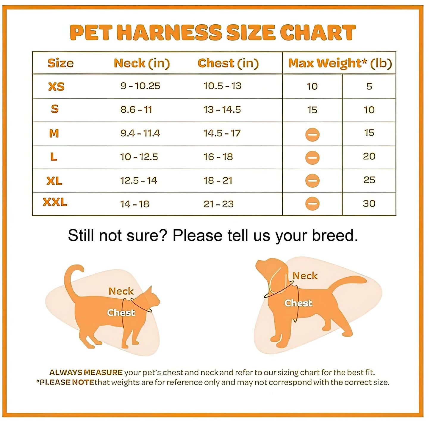 Pet harness size chart with XS–XXL neck and chest measurements