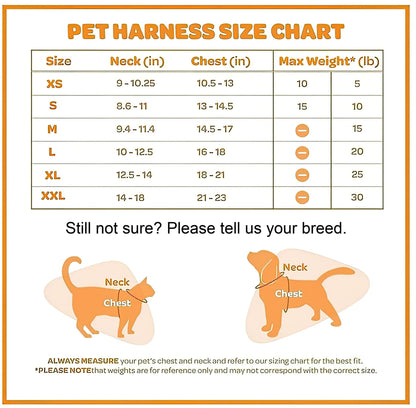 Pet harness size chart with XS–XXL neck and chest measurements