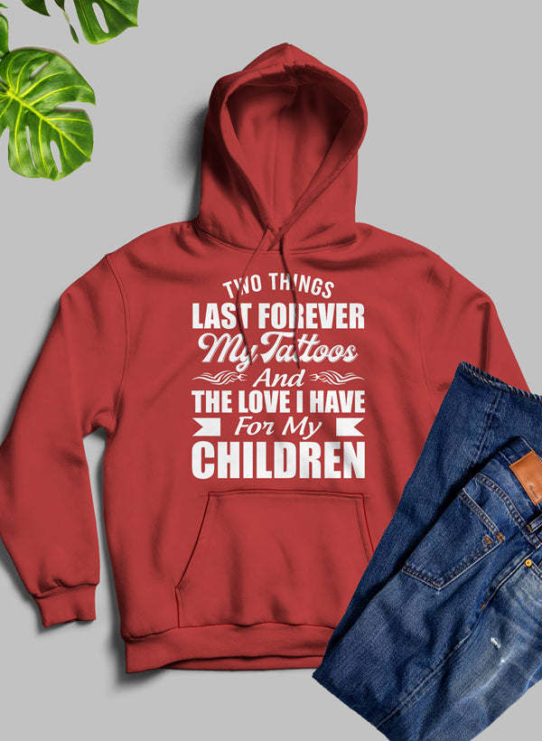 Burgundy pullover hoodie with front graphic text and 'My Tattoos' design