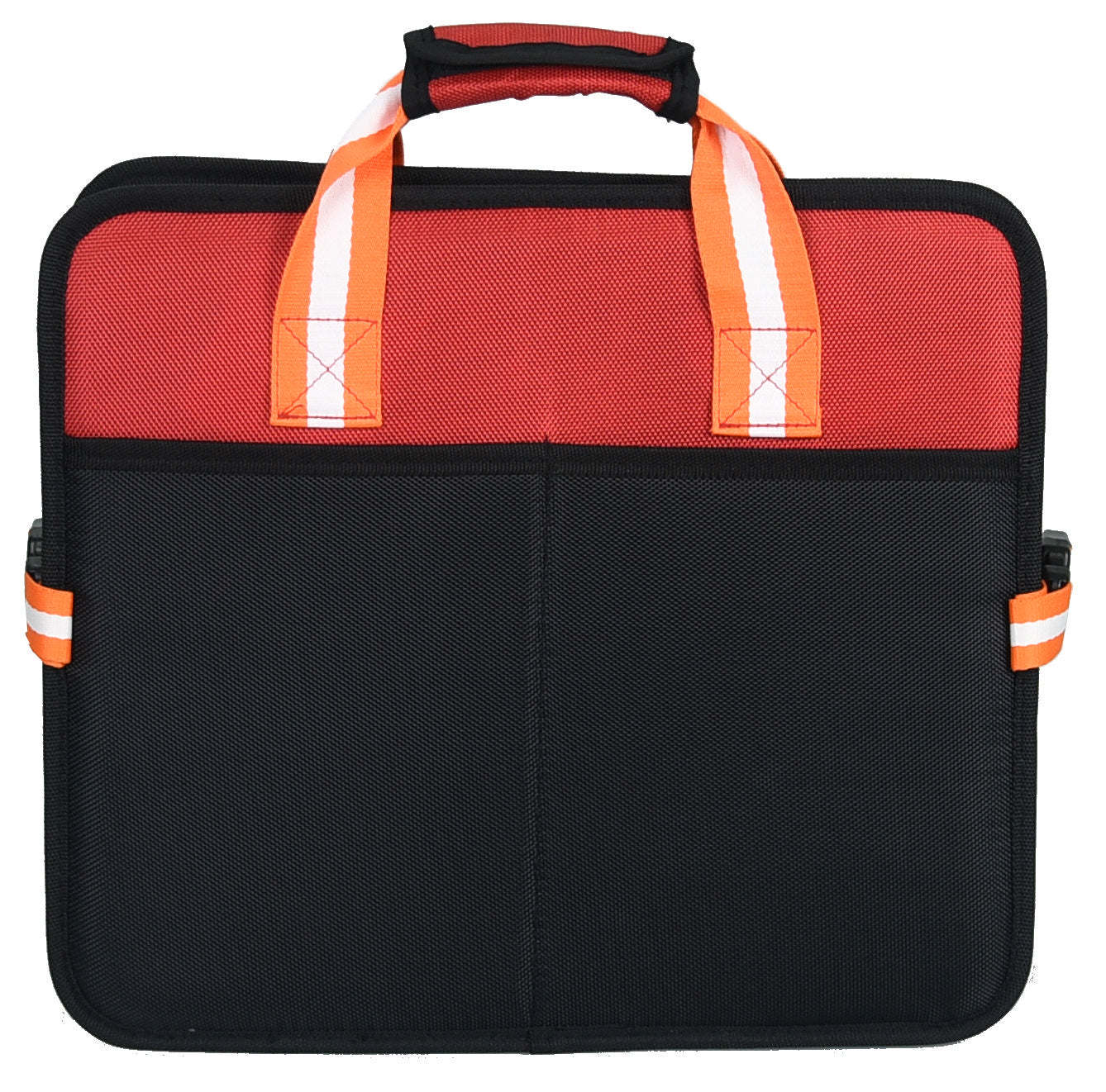 Folding travel pet bed carry bag, red top panel and black bottom with orange handles