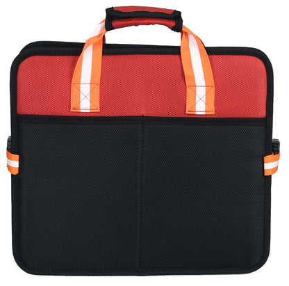 Folding travel pet bed carry bag, red top panel and black bottom with orange handles