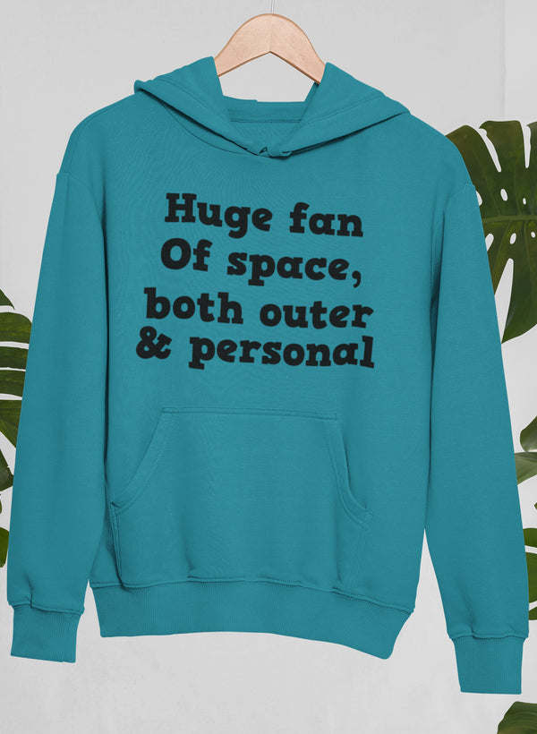 Teal pullover hoodie with hood, kangaroo pocket, long sleeves, front text graphic.