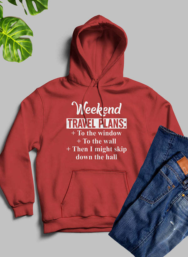 Red hoodie with front graphic text and kangaroo pocket, drawstring hood.