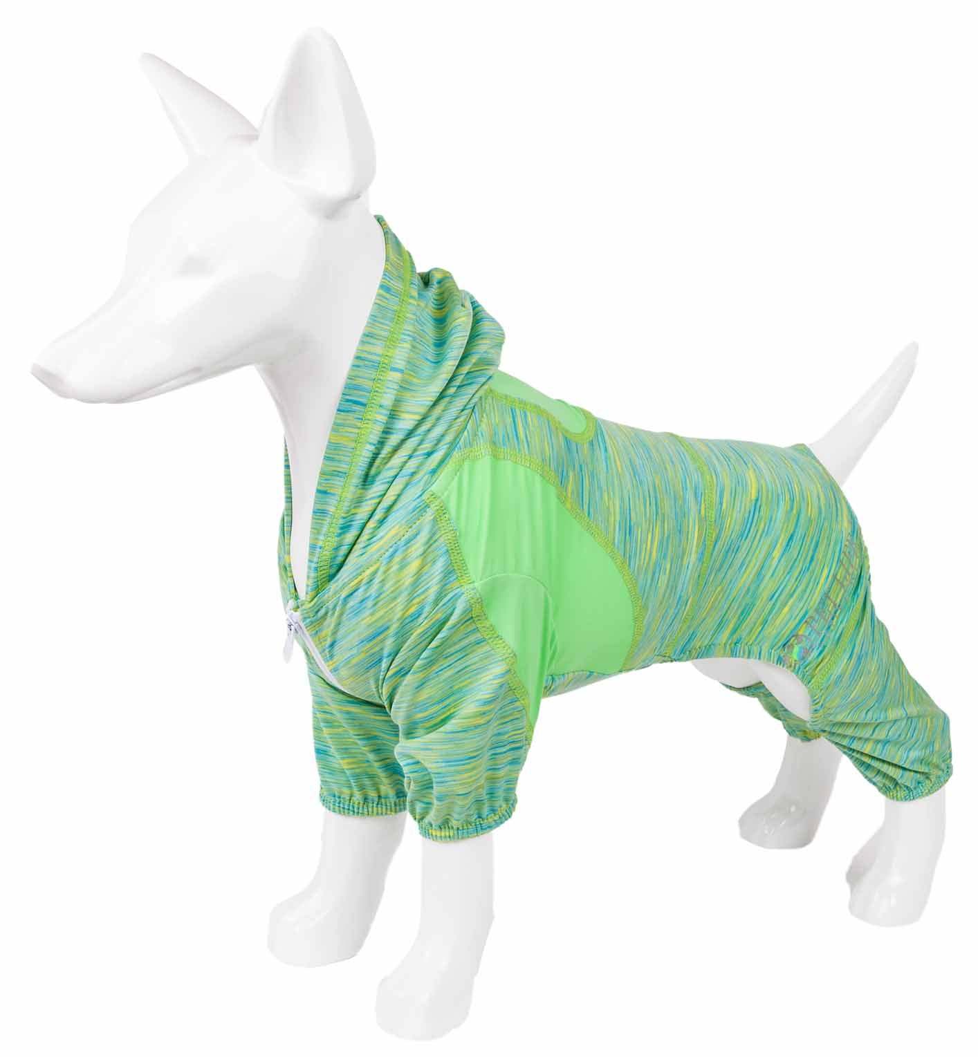 Two-toned stretch dog warm-up hoodie in green with hooded back coverage