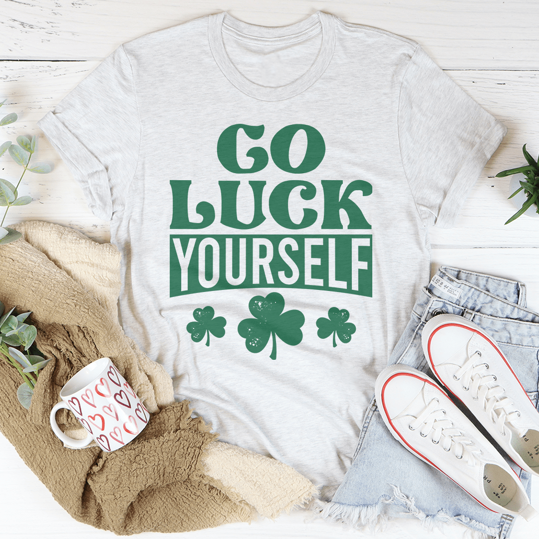 Heather gray T-shirt with green "Go Luck Yourself" front graphic and clover motifs