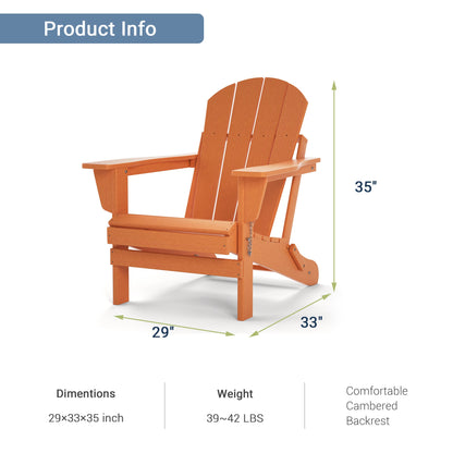 Orange folding Adirondack chair, side view with size markers and folded legs