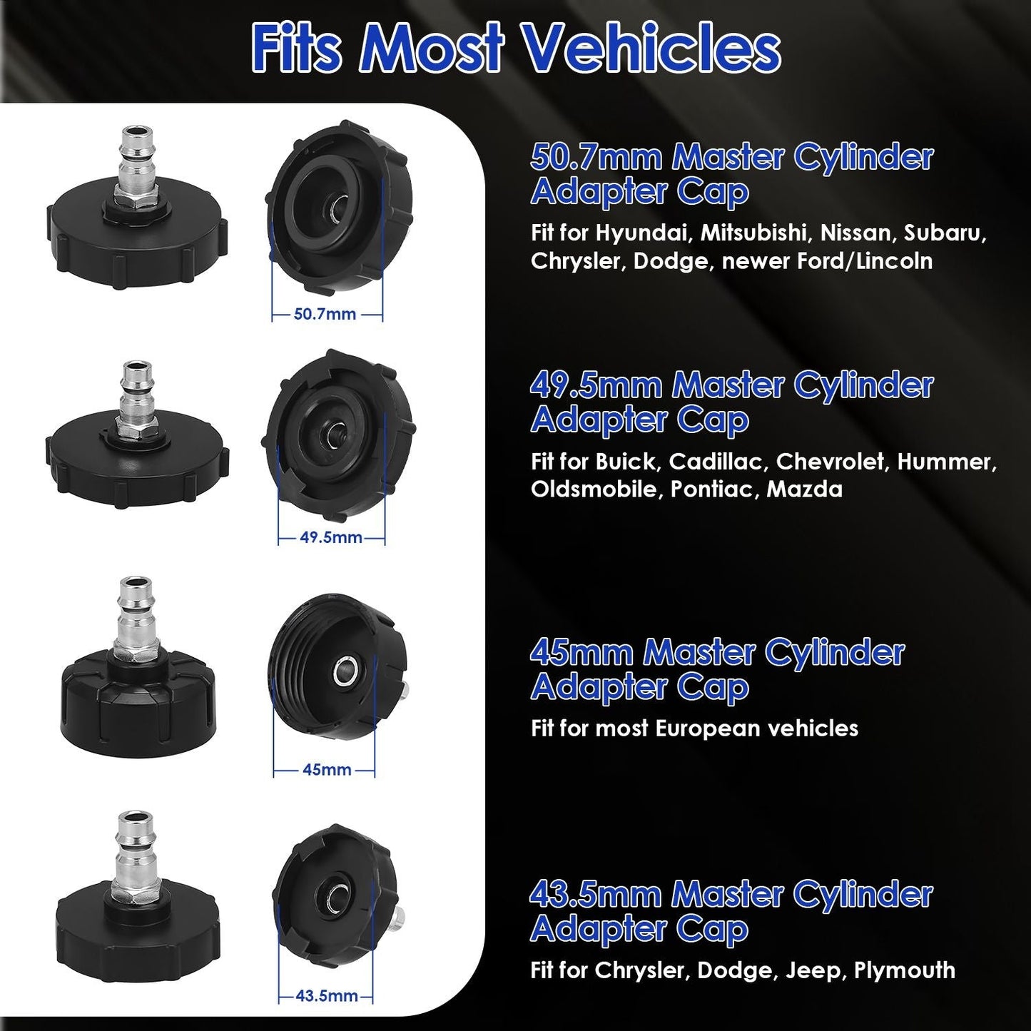 Master cylinder adapter cap set for brake bleeder kit, black caps in multiple sizes