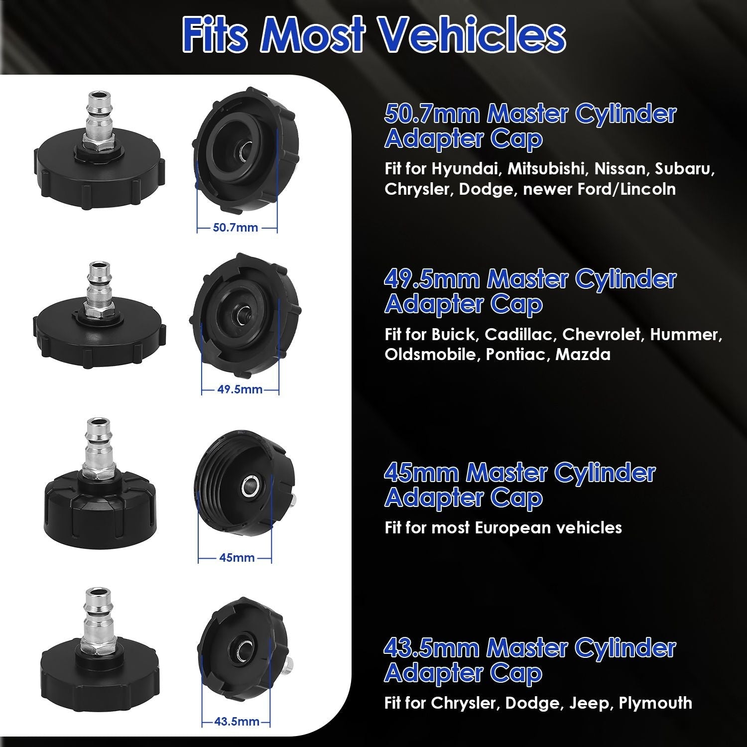 Master cylinder adapter cap set for brake bleeder kit, black caps in multiple sizes