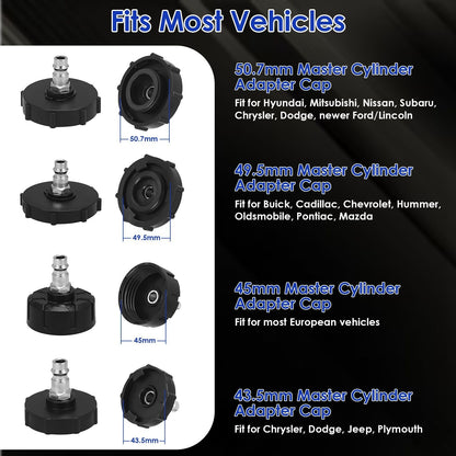 Master cylinder adapter cap set for brake bleeder kit, black caps in multiple sizes