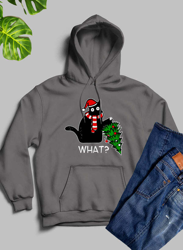 Dark heather pullover hoodie with front cat-and-tree graphic and 'WHAT?' lettering