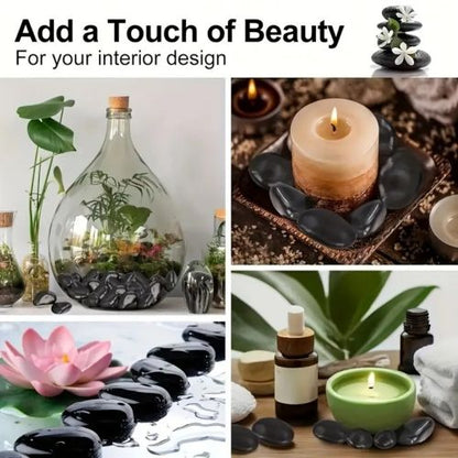 Polished black river rocks for interior decor, smooth stones around candles