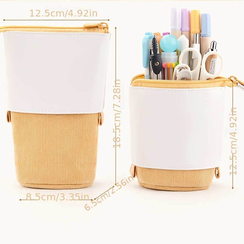 Telescopic pen organizer pouch, white top with mustard corduroy sleeve and zipper