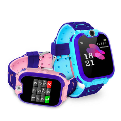 Kid's smart watch with pink touchscreen and blue watch behind, both with purple strap bands.