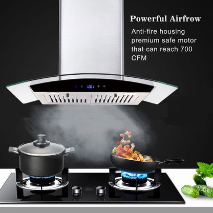 Wall-mounted range hood with tempered glass canopy, touch control panel, and vented LEDs