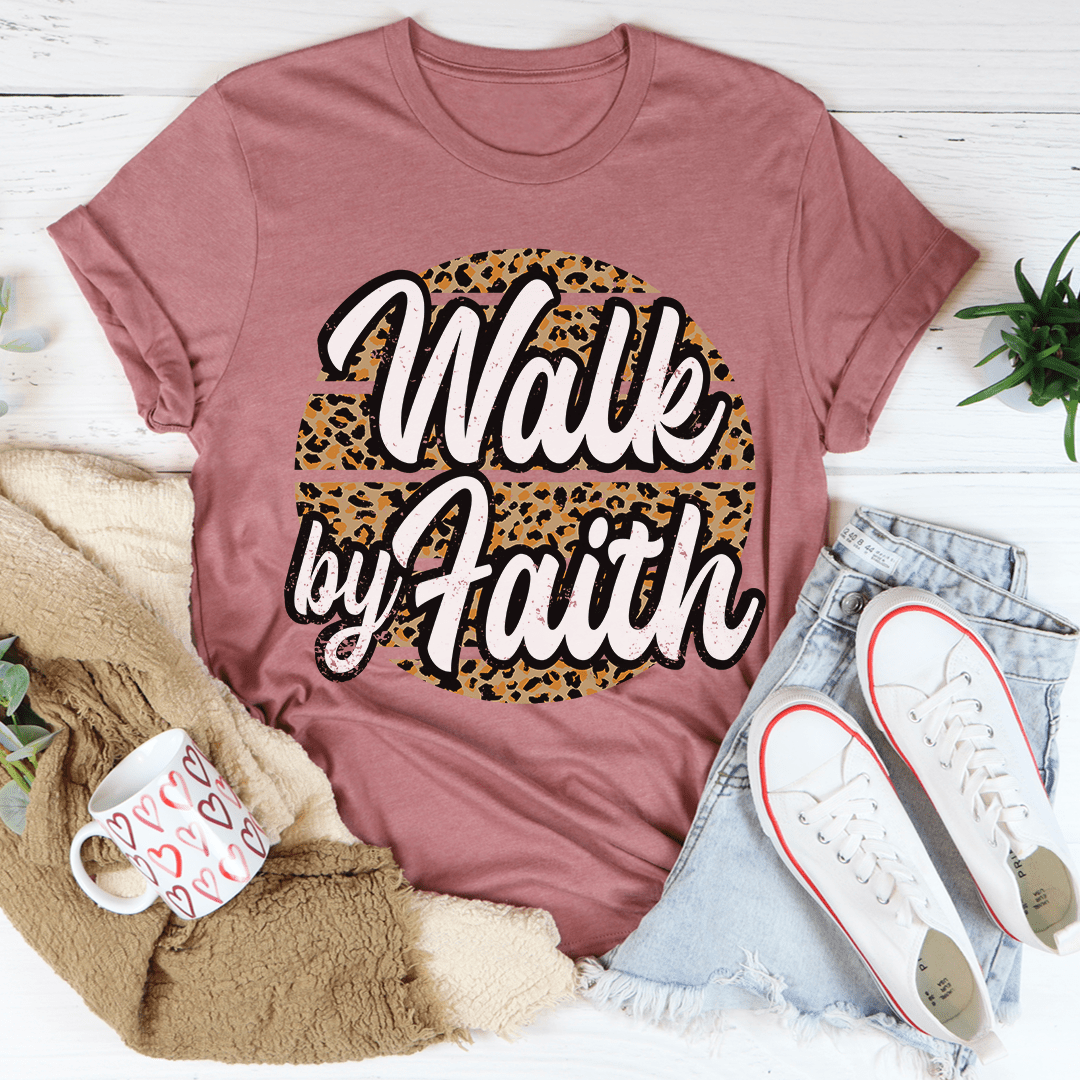 Mauve crew-neck short-sleeve T-shirt with leopard 'Walk by Faith' front graphic