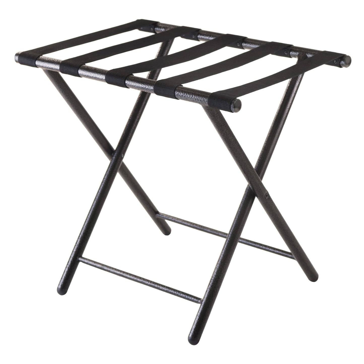 Folding luggage rack frame with black metal legs and mesh-style support bars