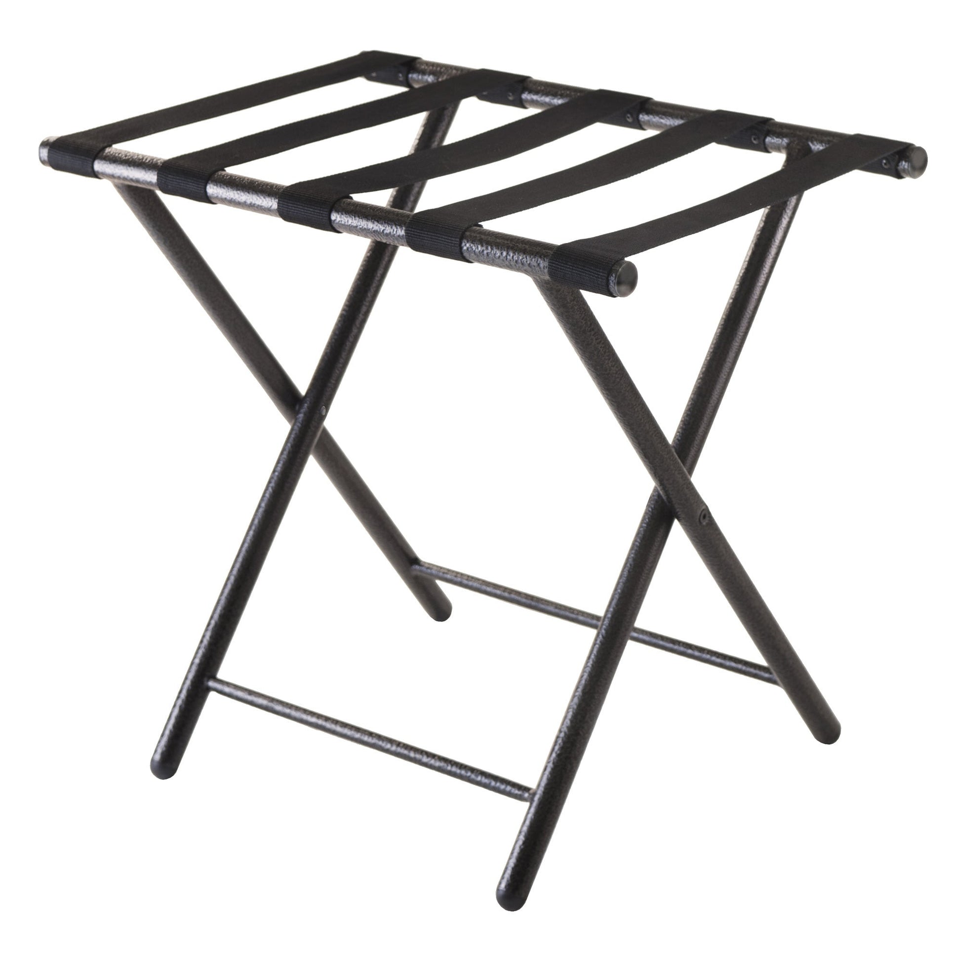 Folding luggage rack frame with black metal legs and mesh-style support bars