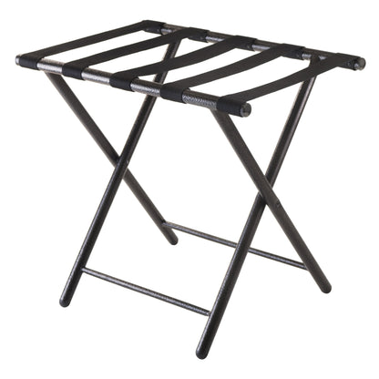Folding luggage rack frame with black metal legs and mesh-style support bars