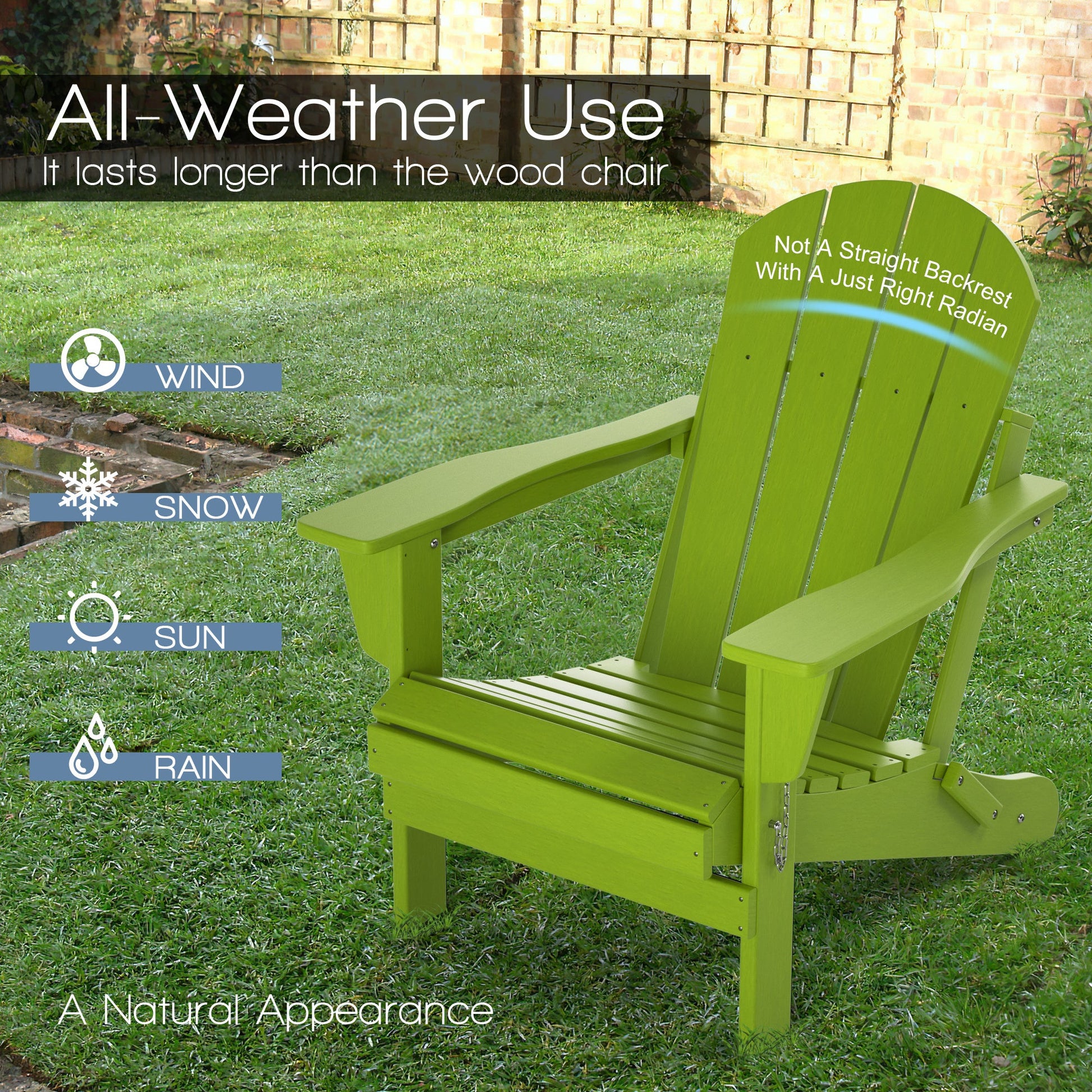 Lime green adirondack chair on grass, slatted seat and tall curved backrest