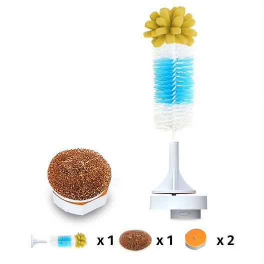 Ice blue bottle brush with flower tip, plus copper scrubber pad and white base