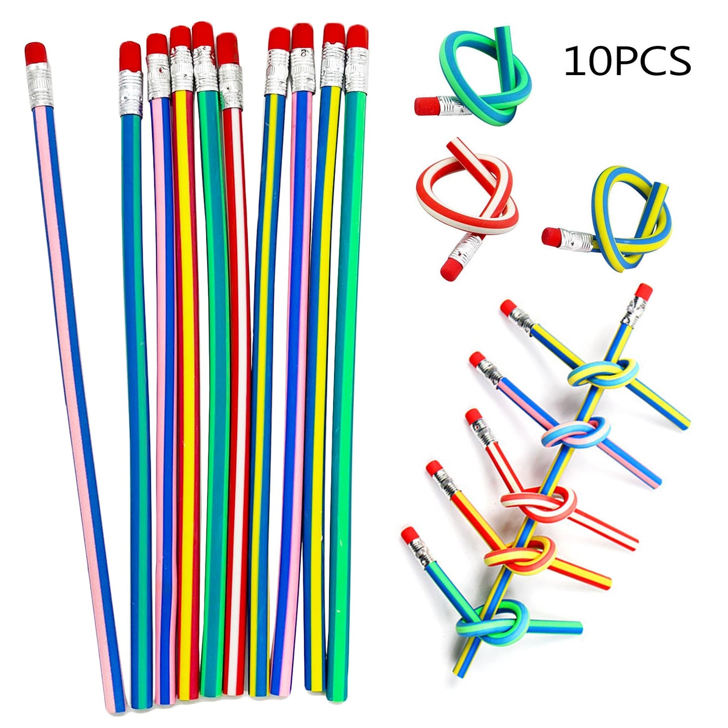 Set of 10 flexible striped soft pencils, red erasers, multicolor bodies