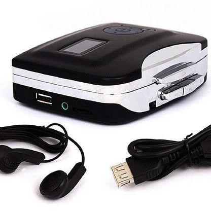 Cassette-to-MP3 converter with front ports and included USB and audio cables, black unit