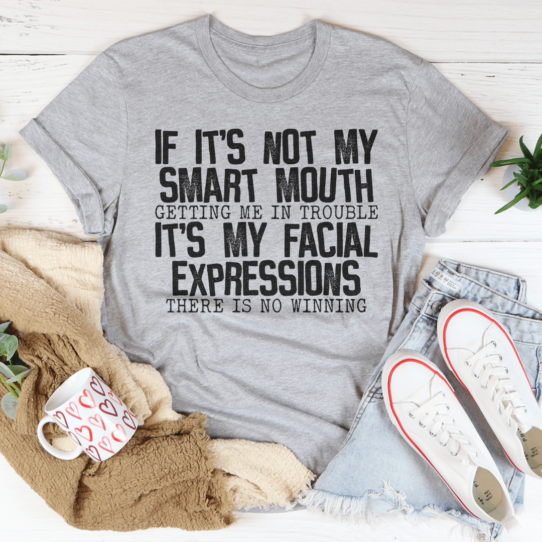 Athletic heather gray crewneck T-shirt with bold black facial expressions quote graphic