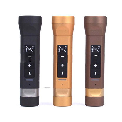 Flashlight-style Bluetooth speaker in black, bronze, and gold finishes