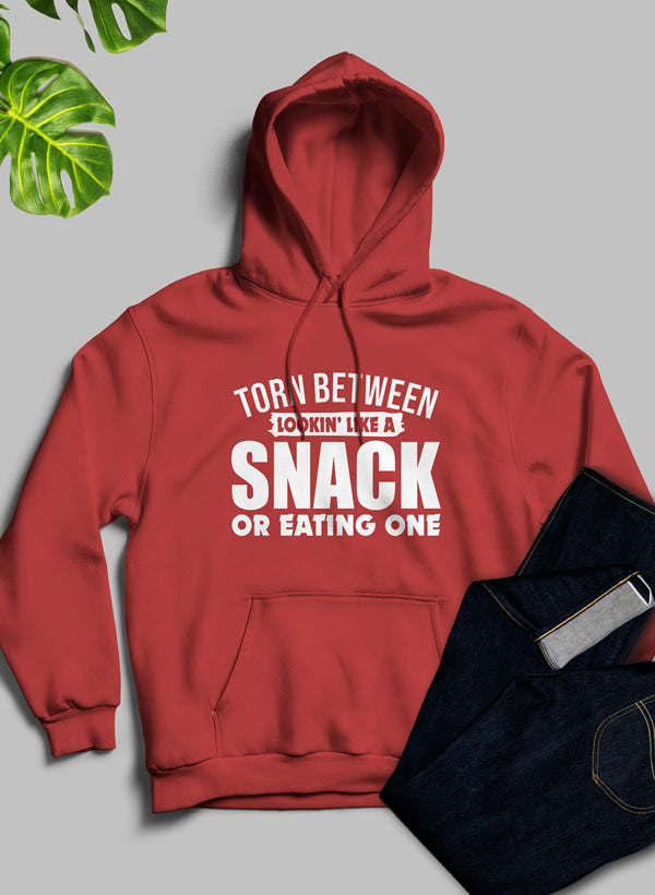 Red hoodie with front pocket and hood, large 'SNACK' graphic print