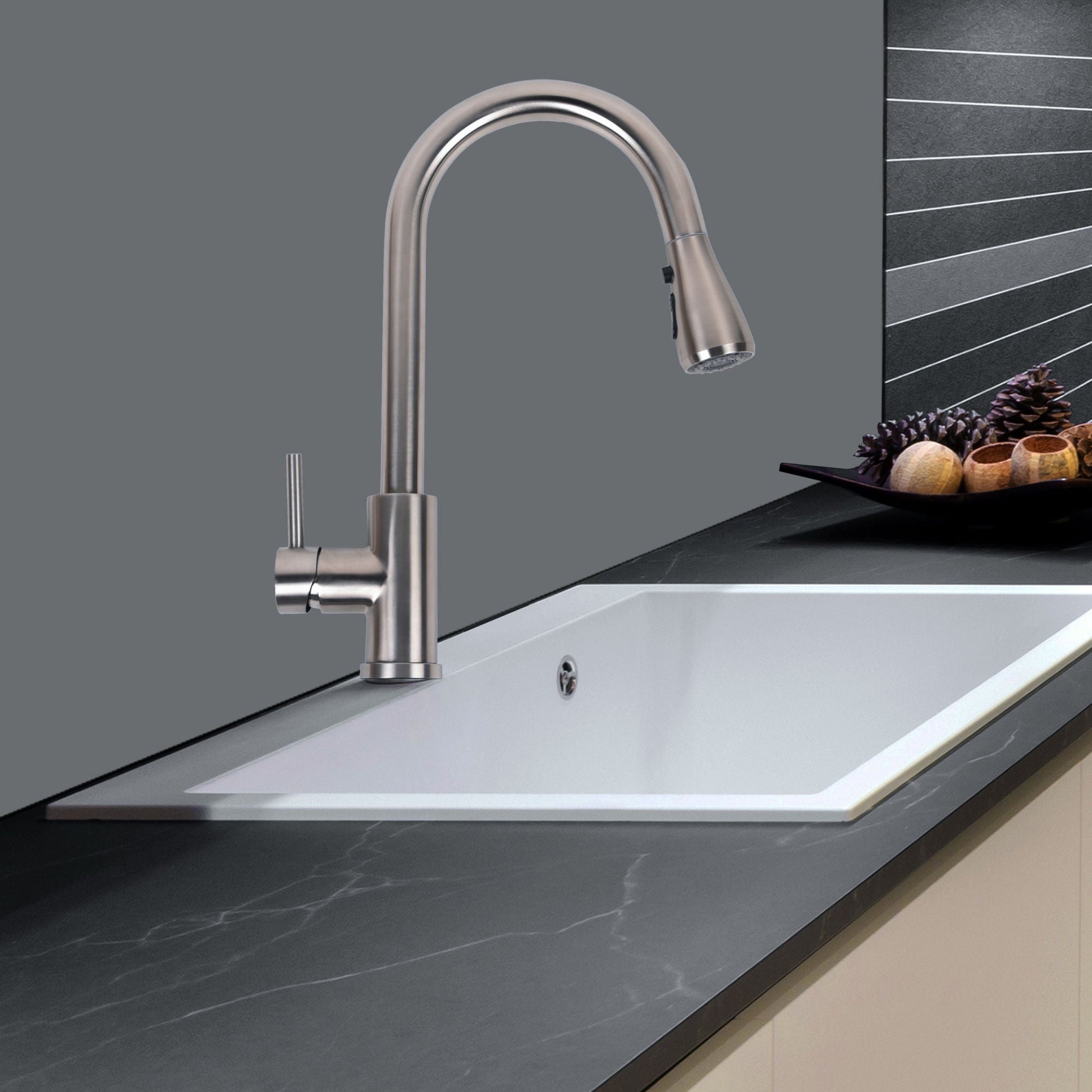 Brushed nickel pull-down kitchen faucet with curved gooseneck spout
