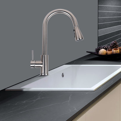 Brushed nickel pull-down kitchen faucet with curved gooseneck spout