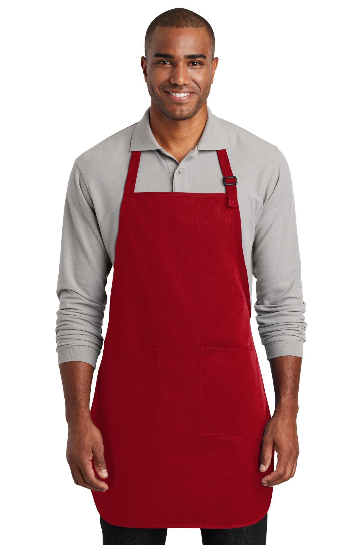 Full-length two-pocket bib apron, red, with neck strap and two front pockets.