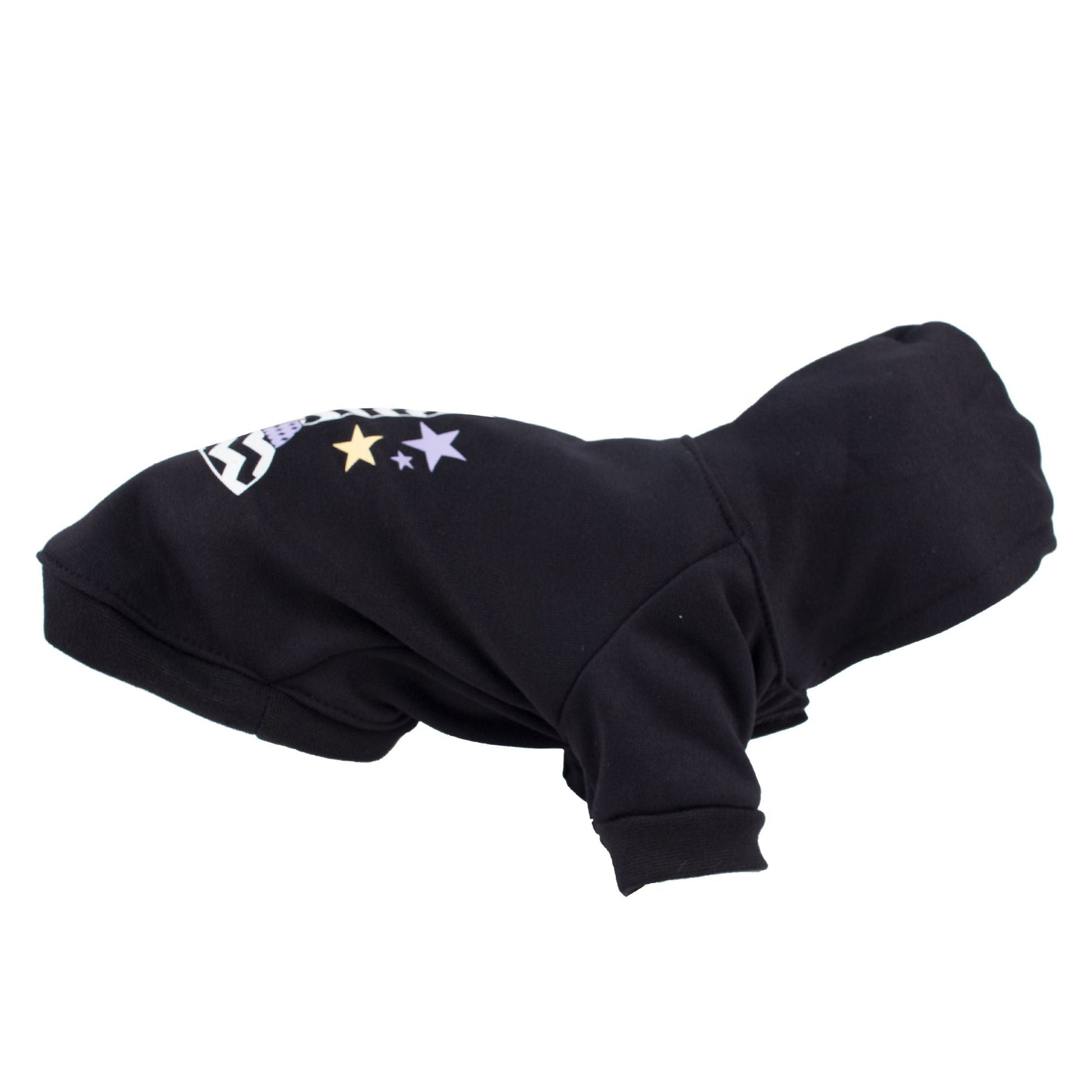 Black hooded pet sweater with wizard hat graphic and stars, angled view