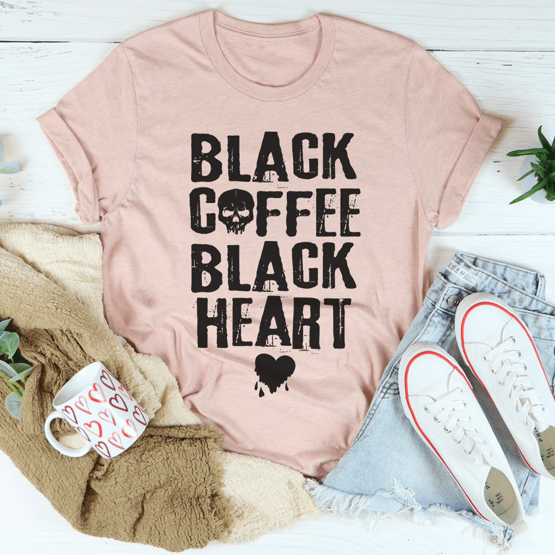 Mauve crewneck T-shirt featuring "BLACK COFFEE" and "BLACK HEART" stacked graphic