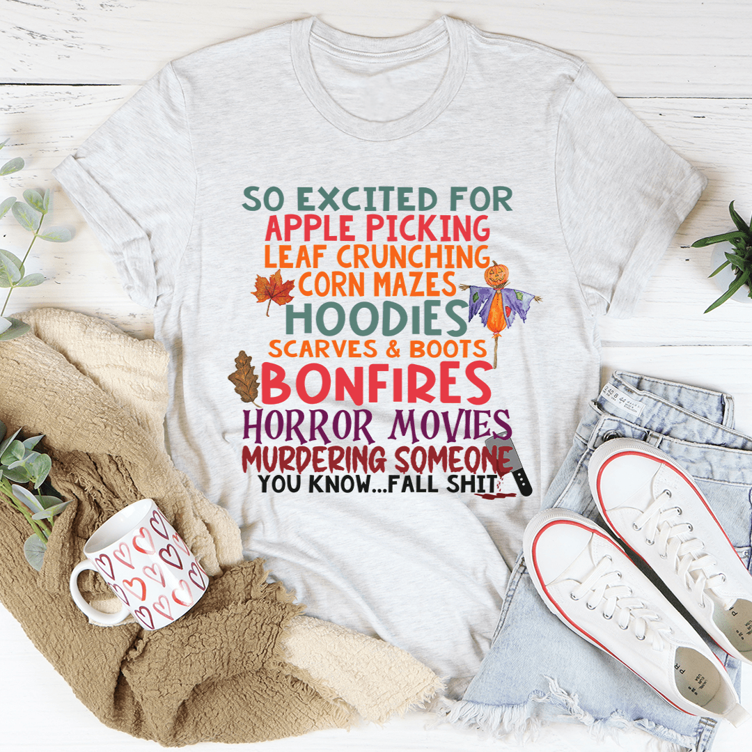 Light gray T-shirt with colorful fall-themed graphic lettering in the center