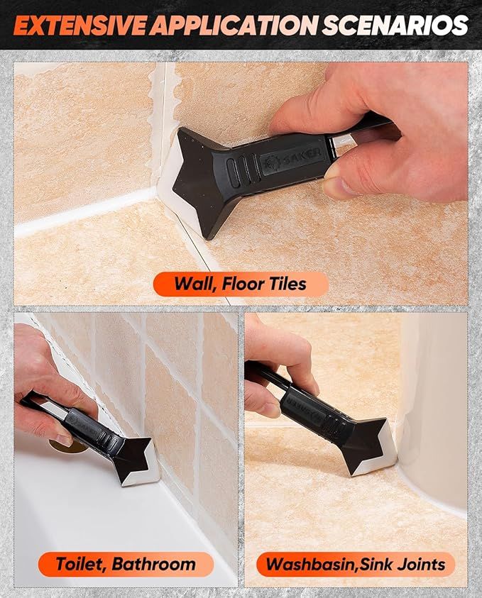Black caulking finishing tool held against tile grout joint