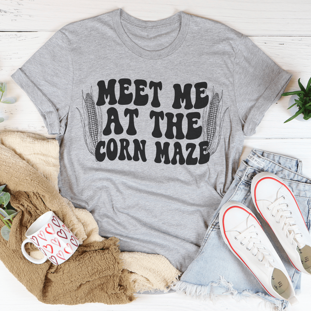 Gray T-shirt with “MEET ME AT THE CORN MAZE” front graphic