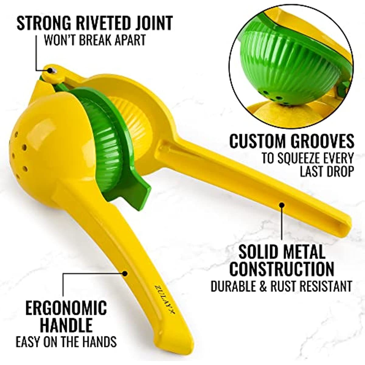 Yellow citrus juicer with green cone and long ergonomic handle, solid metal body