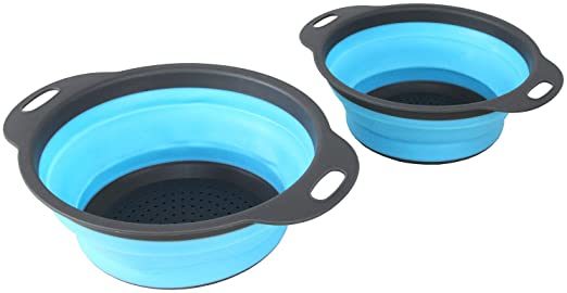 Collapsible silicone colander set of 2, blue bowls with gray rims and side handles