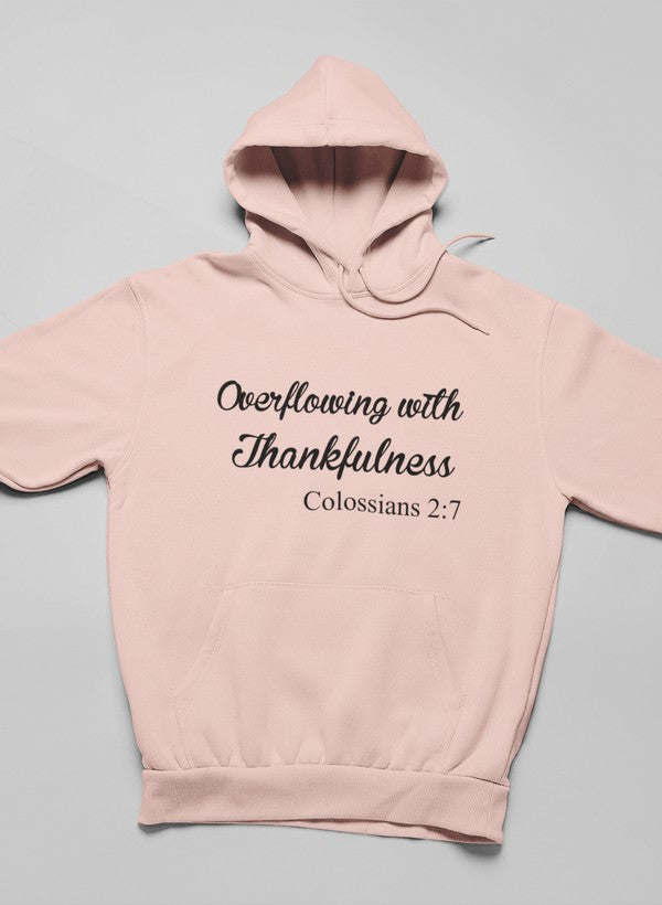 Peach pullover hoodie with front graphic text, hood, and ribbed cuffs and hem