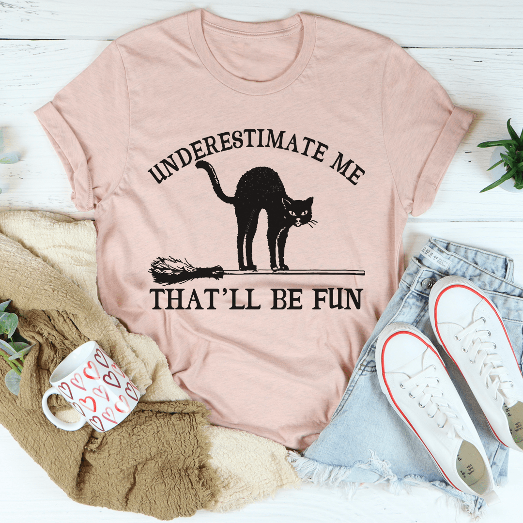 Dusty pink cat slogan T-shirt with black cat silhouette and “THAT’LL BE FUN” print