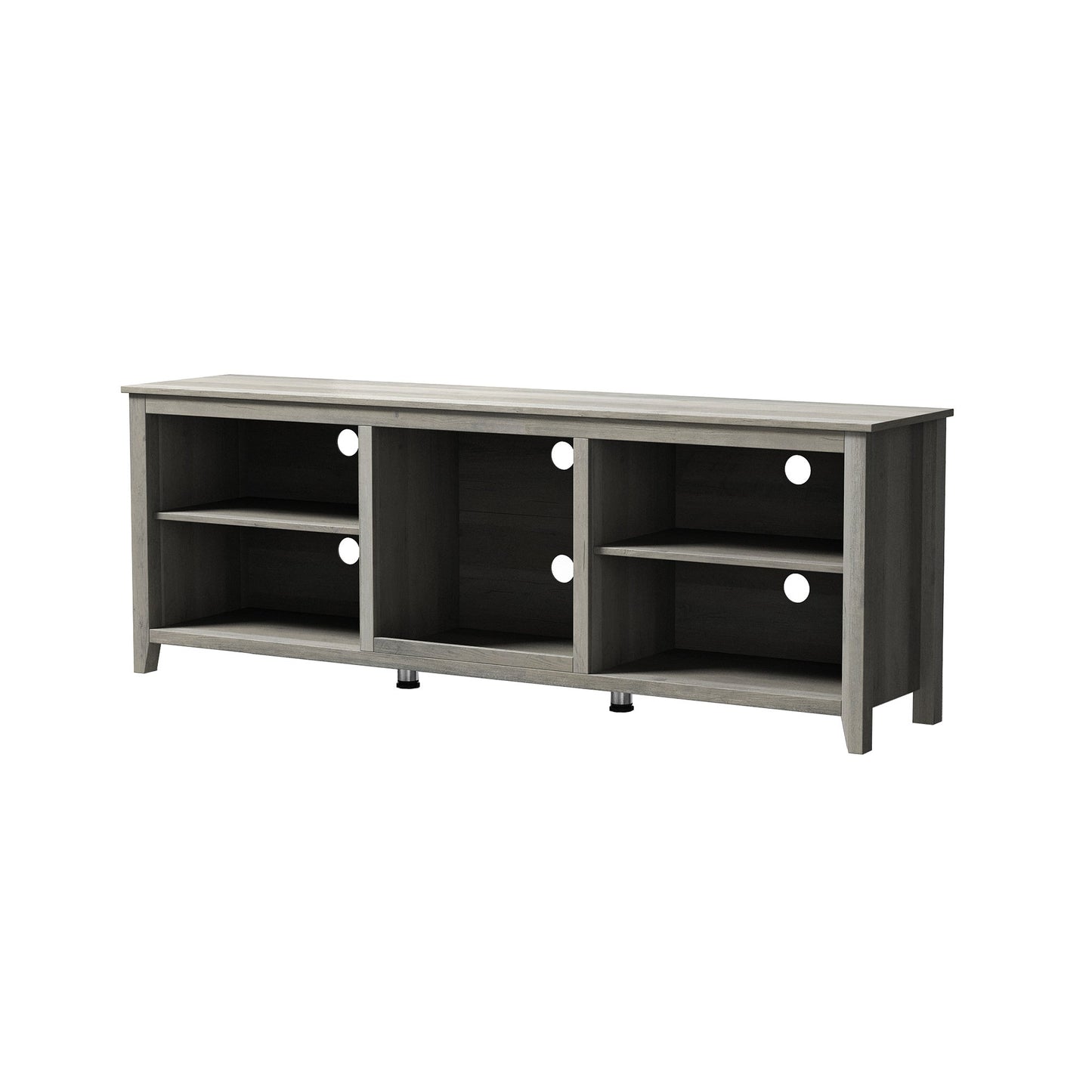 TV stand media console with six open cubbies, dark inner panels, light gray frame