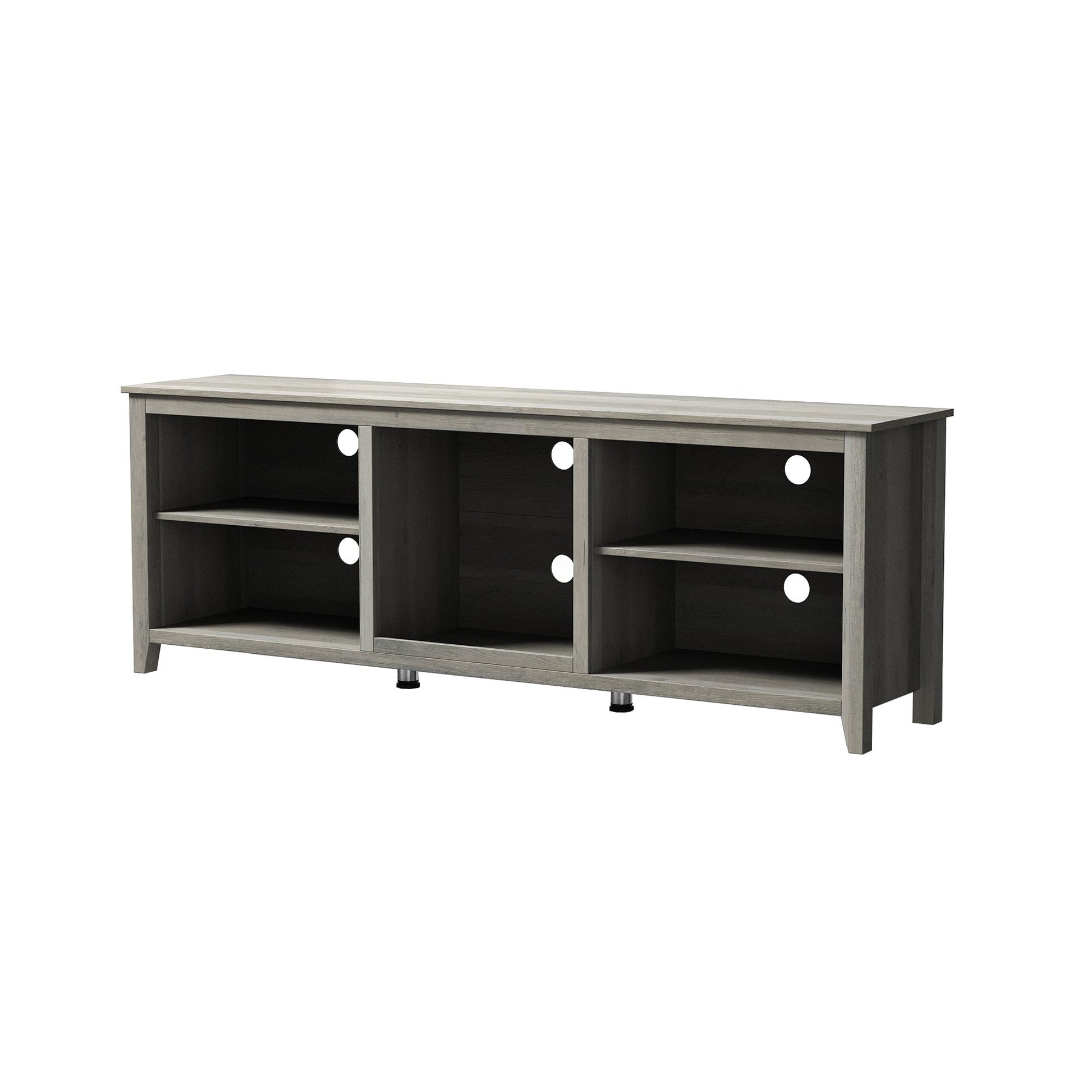 TV stand media console with six open cubbies, dark inner panels, light gray frame