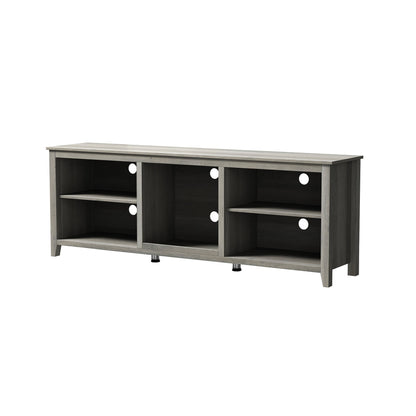 TV stand media console with six open cubbies, dark inner panels, light gray frame