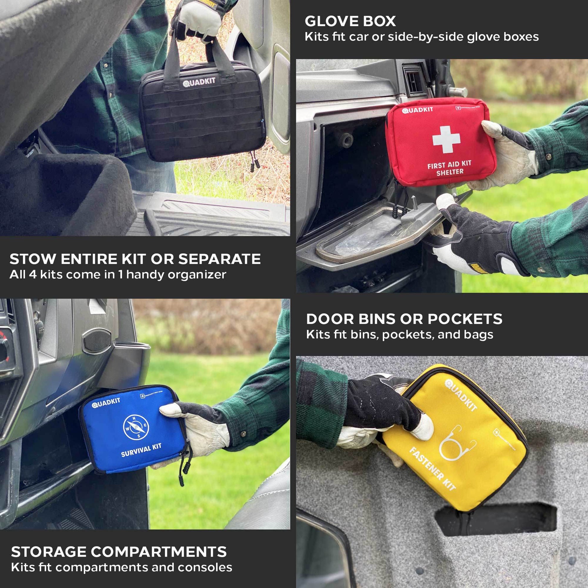 Emergency kit pouches for vehicle storage compartments: red first aid shelter, blue survival, yellow fastener