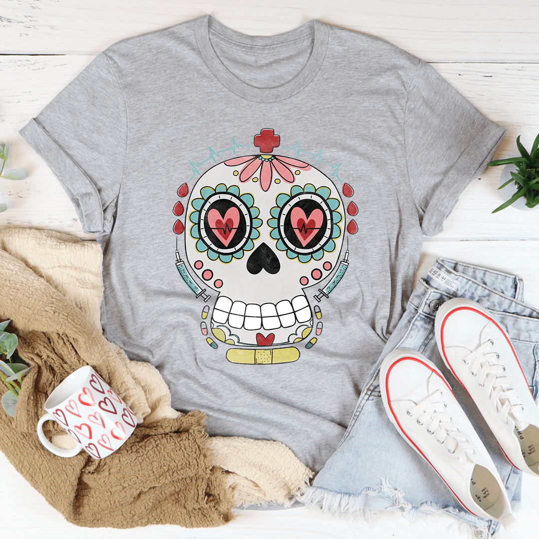 Gray T-shirt with nurse sugar skull graphic and red cross top