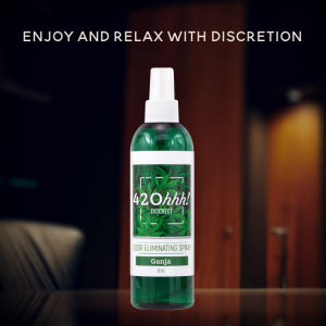 Green 420hhh odor eliminator spray bottle with white pump, front label visible.
