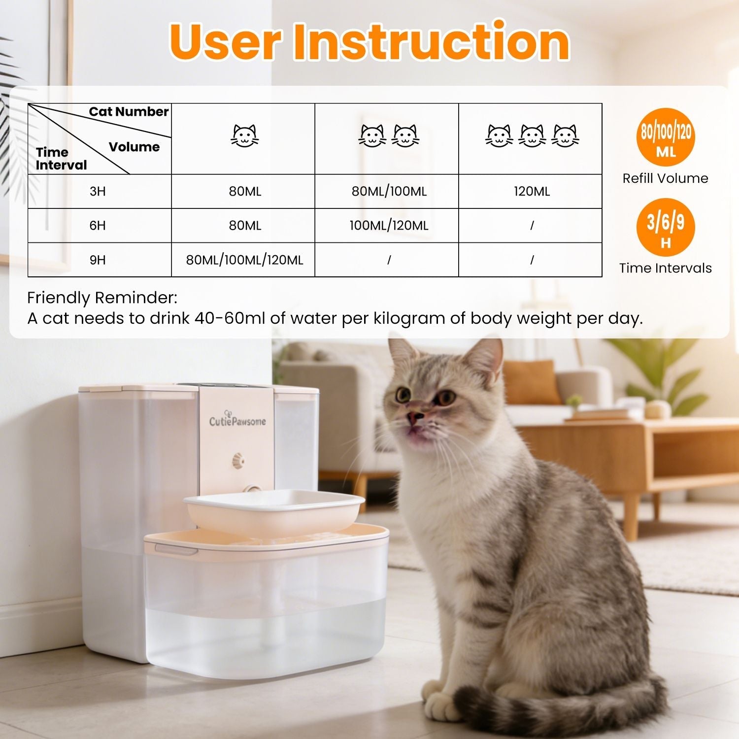 Beige automatic pet water fountain with cat drinking from the front basin
